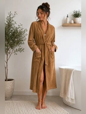 Women’s Camel Velour Tie Waist Bathrobe Robe XL